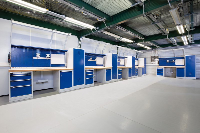 Industriemöbel - Mehrfach-Arbeitsplatz mit Unterschrank & Wandsystem